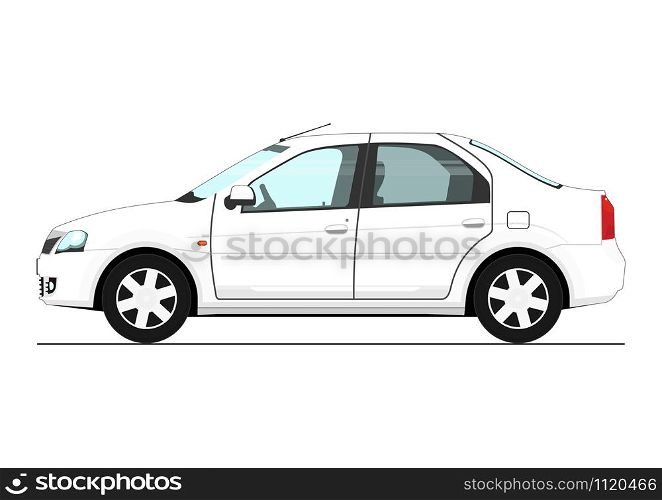 White car. Side view of modern white sedan car. Flat vector.