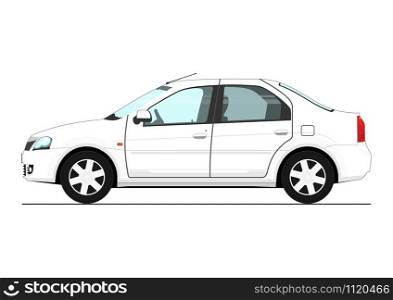 White car. Side view of modern white sedan car. Flat vector.