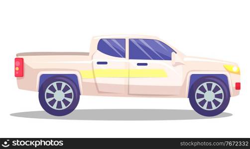 White car vector template on white background. American pickup with big boot. Automobile side view flat style. Vehicle with tinted windows. Convenient mean of transportation, modern model of car. White car vector template on white background. American pickup isolated. Automobile side view