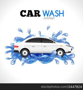 White car wash concept with blue water splashes vector illustration. Car Wash Concept