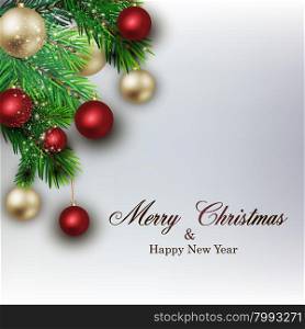 White card with Christmas. Christmas background from fir twigs and colorful decorative Christmas balls