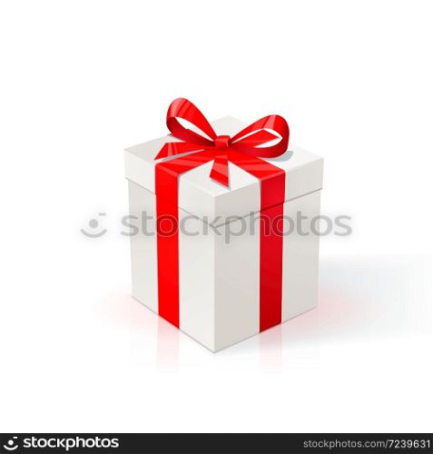 White Cardboard box with red ribbon and bow. Gift Box on white background. Happy birthday Christmas New Year wedding or Valentine day package Design. Vector Illustration.. White Cardboard box with red ribbon and bow. Gift Box on white background. Happy birthday Christmas New Year wedding or Valentine day package Design.