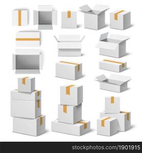 White cardboard boxes. Empty realistic parcels containers with adhesive tape, opened and closed square packages, single and group stacks isolated objects, top and side view elements, big vector set. White cardboard boxes. Empty realistic parcels containers with adhesive tape, opened and closed square packages, single and group stacks isolated objects, top and side view elements vector set