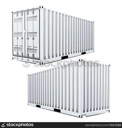 White Cargo Container 3D Vector. Classic Cargo Container. Freight Shipping Concept. Logistics. Isolated On White Background Illustration. 3D Cargo Container Vector. Classic Cargo Container. Freight Shipping Concept. Logistics, Transportation Mock Up. Isolated On White Background Illustration