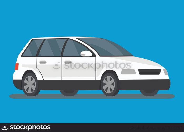White cartoon car on blue background,flat vector illustration.. White