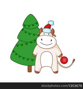 White cartoon Christmas ox and tree with garland, bull or cow in winter santa hat, kawaii character isolated on white for poster, greeting card, 2021 symbol, cute farm animal - vector illustration. White cartoon ox, bull or cow