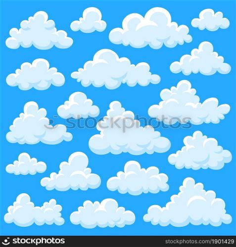 White cartoon clouds. Fluffy cloud, overcast elements fly on blue sky. Smoke shapes, summer heaven or game weather garish vector objects. Illustration cloud white in sky background. White cartoon clouds. Fluffy cloud, overcast elements fly on blue sky. Smoke shapes, summer heaven or game weather garish vector objects