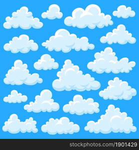 White cartoon clouds. Fluffy cloud, overcast elements fly on blue sky. Smoke shapes, summer heaven or game weather garish vector objects. Illustration cloud white in sky background. White cartoon clouds. Fluffy cloud, overcast elements fly on blue sky. Smoke shapes, summer heaven or game weather garish vector objects