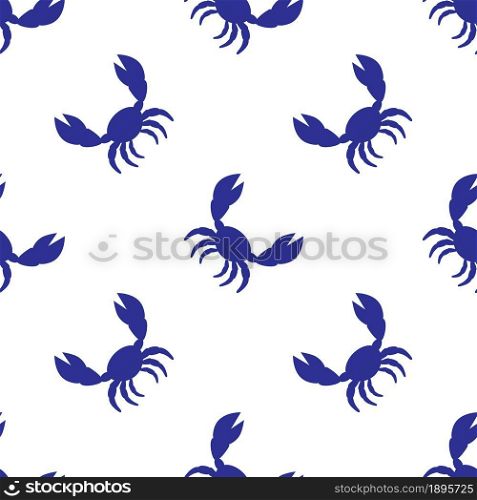 White cartoon crab with big claws on blue background seamless pattern vector illustration.