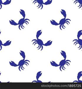 White cartoon crab with big claws on blue background seamless pattern vector illustration.