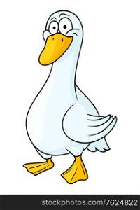 White cartoon goose with a yellow bill and webbed feet standing at an angle isolated on white. White cartoon duck