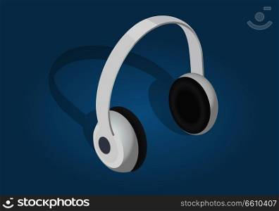 White cartoon headphones flat and shadow theme isolated on blue. Vector cartoon illustration of headphones icon for network design. Icon graphic concept for web banner, mobile, infographics.. White Cartoon Headphones Flat and Shadow Theme