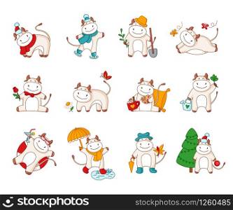 White cartoon ox bull cow - 12 kawaii characters set isolated on white for poster, greeting cards printing, 2021 symbol, collection of farm animals witn atributions - vector design elements. White cartoon ox, bull or cow