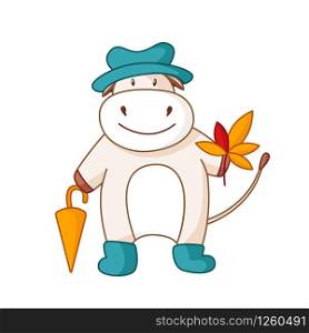 White cartoon ox, bull or cow in autumn blue hat and boots, with umbrella and yellow leaves, cartoon character isolated on white for poster, greeting card, 2021 symbol, cute farm animal - vector. White cartoon ox, bull or cow