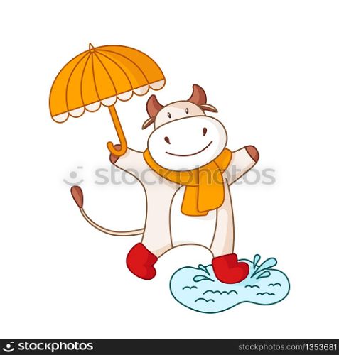 White cartoon ox, bull or cow in autumn scarf and boots, with yellow umbrella, cartoon character isolated on white for poster, greeting card, 2021 symbol, cute farm animal - vector. White cartoon ox, bull or cow