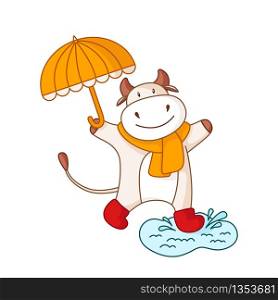 White cartoon ox, bull or cow in autumn scarf and boots, with yellow umbrella, cartoon character isolated on white for poster, greeting card, 2021 symbol, cute farm animal - vector. White cartoon ox, bull or cow