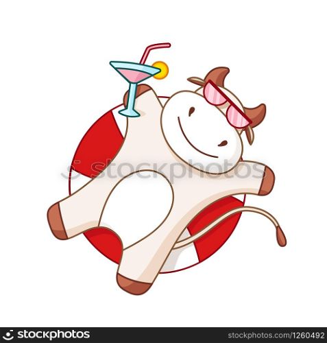 White cartoon ox, bull or cow in sunglasses and summer cocktail, kawaii cartoon character swims and sunbathes, isolated on white for poster card, 2021 symbol, cute farm animal - vector. White cartoon ox, bull or cow