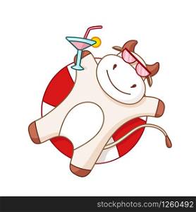 White cartoon ox, bull or cow in sunglasses and summer cocktail, kawaii cartoon character swims and sunbathes, isolated on white for poster card, 2021 symbol, cute farm animal - vector. White cartoon ox, bull or cow