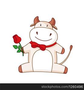 White cartoon ox, bull or cow kawaii character with red rose flower and tie bow, isolated on white for calendar, poster, greeting card, 2021 symbol, cute farm animal - vector illustration. White cartoon ox, bull or cow