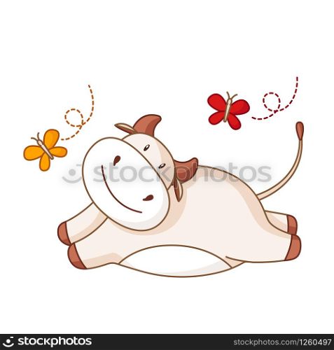 White cartoon ox, bull or cow kawaii summer character with butterfly isolated on white for calendar, poster, greeting card, 2021 symbol, cute farm animal - vector illustration. White cartoon ox, bull or cow