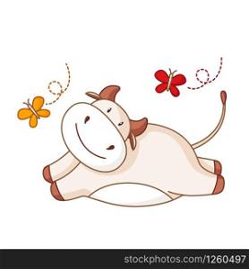 White cartoon ox, bull or cow kawaii summer character with butterfly isolated on white for calendar, poster, greeting card, 2021 symbol, cute farm animal - vector illustration. White cartoon ox, bull or cow