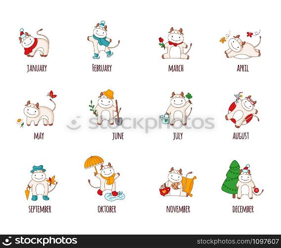 White cartoon ox, bull or cow - set of 12 kawaii characters isolated on white for calendar print, symbol of 2021 year, collection of cute farm animals witn different atributions - vector illustration. Cartoon white ox vector
