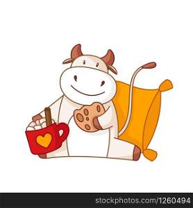 White cartoon ox, bull or cow with hot autumn beverage, cookie and cozy pillow, cartoon november character isolated on white for poster, greeting card, 2021 symbol, cute farm animal - vector. White cartoon ox, bull or cow