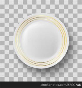 White Ceramic Plate with Gold Yellow Border on Checkered Background. White Ceramic Plate