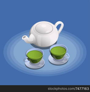 White ceramic teapot and two cups of freshly brewed green tea isometric composition blue background vector illustration