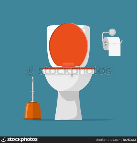 White ceramics toilet, toilet paper and toilet brush. modern toilet set in flat style. Vector illustration. White ceramics toilet,