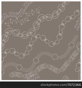 White chain and bracelets seamless pattern. Grey background. Accessories sketch clipart. Jewels texture, background, web, wrapping paper. Vector illustration. White jewellery endless texture pattern.