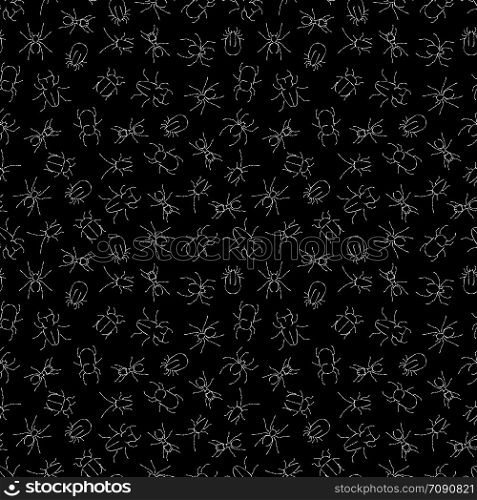 White chalk drawing insects on black seamless background pattern. Vector illustration. White chalk drawing insects seamless pattern