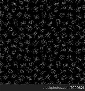 White chalk drawing insects on black seamless background pattern. Vector illustration. White chalk drawing insects seamless pattern