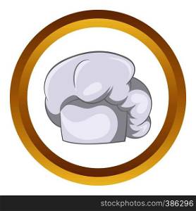 White chef hat vector icon in golden circle, cartoon style isolated on white background. White chef hat vector icon