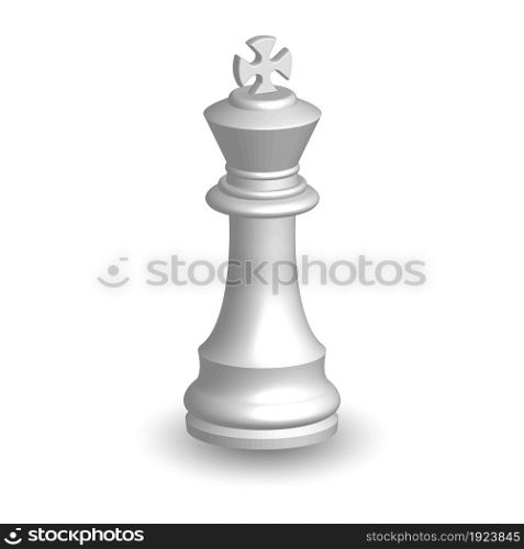 White chess piece king 3d on white background. Board game chess. Chess piece 3d render.Vector illustration. Sport play. . White chess piece king 3d on white background.