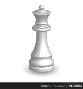 White chess piece queen 3d on white background. Board game chess. Chess piece 3d render.Vector illustration. Sport play.. White chess piece queen 3d on white background.