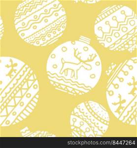 White christmas decor seamless pattern. Use for background, wrapping paper, covers, fabrics, postcards, stationery. Scandinavian decor on a yellow background. Vector.
