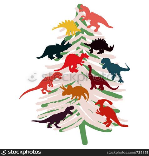 White Christmas tree decorated with dinosaurs. Cute isolated dinosaur cartoon character illustration. T shirt, poster, greeting card design elements. . White Christmas tree decorated with dinosaurs.