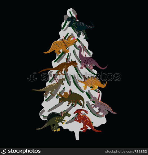 White Christmas tree decorated with dinosaurs. Cute isolated dinosaur cartoon character illustration on black background. T shirt, poster, greeting card design elements. . White Christmas tree decorated with dinosaurs on black background.