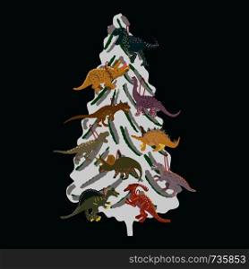 White Christmas tree decorated with dinosaurs. Cute isolated dinosaur cartoon character illustration on black background. T shirt, poster, greeting card design elements. . White Christmas tree decorated with dinosaurs on black background.