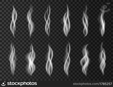 White cigarette smoke  set isolated on transparent background.  Steam  from a cup of coffee or  tea.  Realistic  vector illustration. 