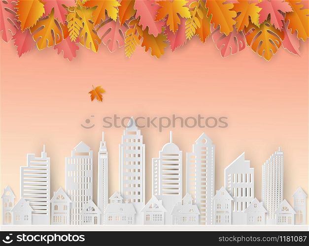 White city with beautiful leaves on autumn mood,paper cut and craft style for design minimalist construction exterior,vector illustration