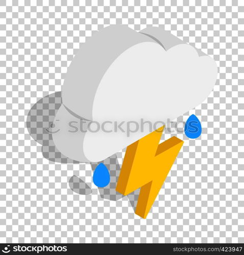 White cloud with lightning and rain drops isometric icon 3d on a transparent background vector illustration. White cloud with lightning and rain drops icon