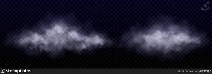 White clouds, fog or smoke in air or sky. Fluffy cumulus clouds isolated on transparent background, vector realistic illustration. Concept of weather, meteorology, climate. White clouds, fog or smoke in air or sky