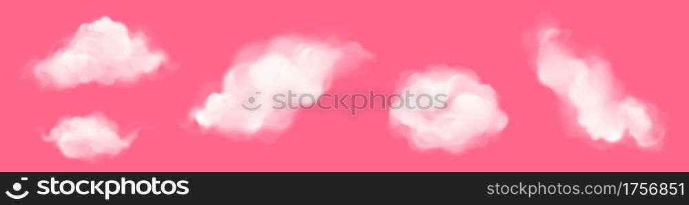White clouds in sky at morning or sunset isolated on pink background. Vector realistic set of fluffy clouds in air, pink smoke or fog in heaven at sunrise or evening. White clouds isolated on pink background