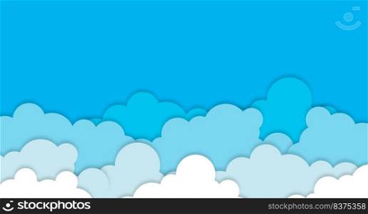 White clouds on blue sky background. Vector paper clouds. White Cloud on blue sky paper cut design. Vector paper art illustration. Paper cut style. Place for text.