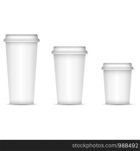 White coffee cups set isolated on background. Eps 10 Vector illustration. Disposable paper or plastic cups with lid for espresso, latte or tea.. White coffee cups set isolated on background