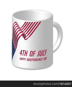 White Coffee Mug with American Flag and July 4th Congratulations. Festive design element for Independence Day USA. Isolated vector on white background