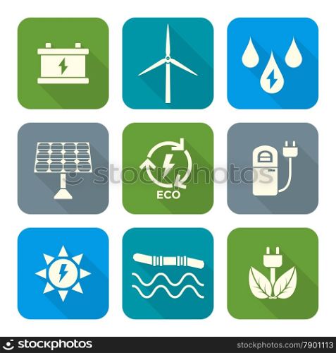 white color flat style recycle ecology energy icons. vector light color flat design recycle ecology energy icons set long shadow
