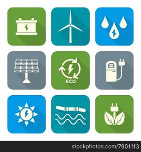 white color flat style recycle ecology energy icons. vector light color flat design recycle ecology energy icons set long shadow